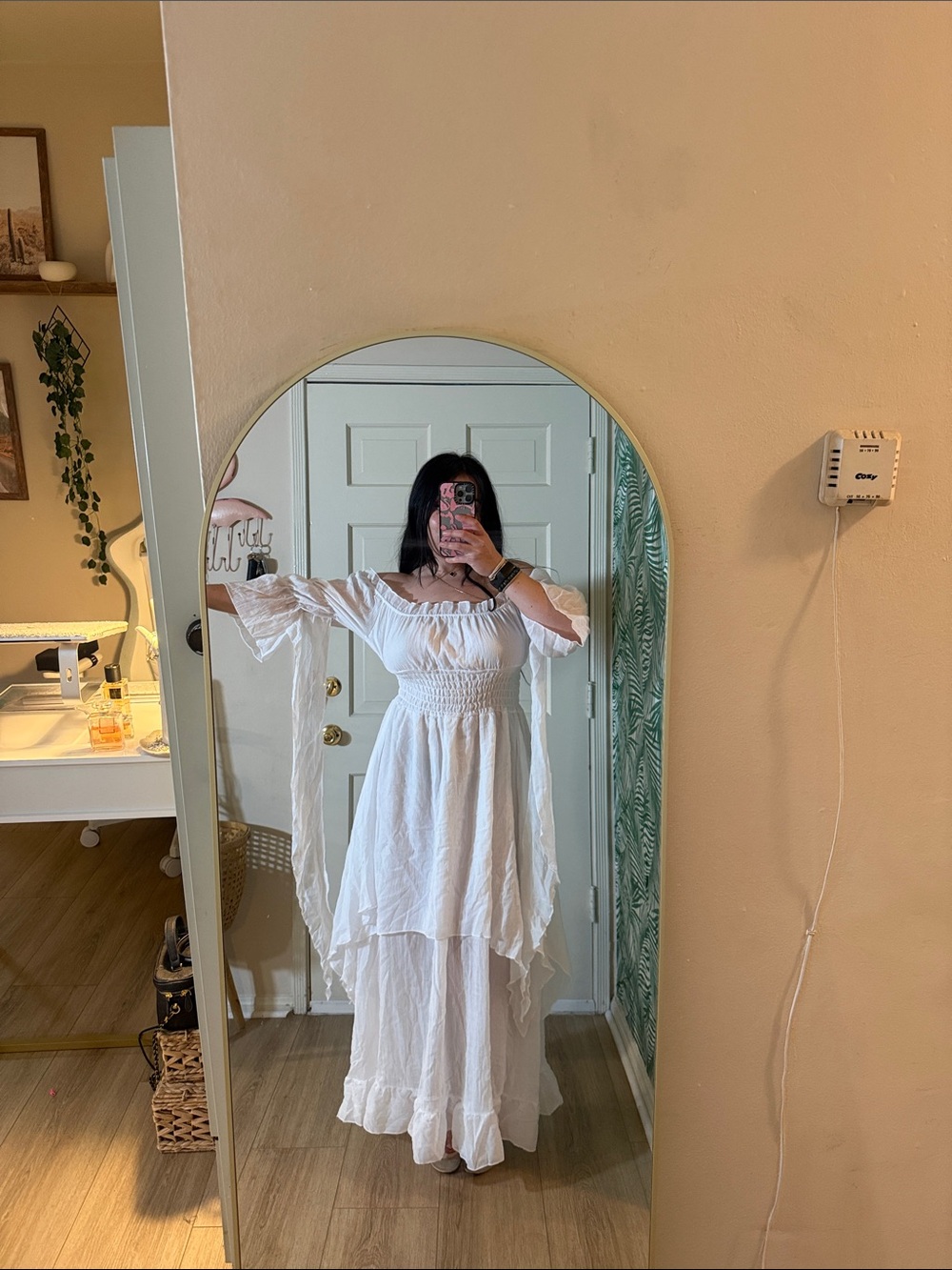Retro Stage Boho Off-Shoulder White Maxi Dress with Smocked Waist